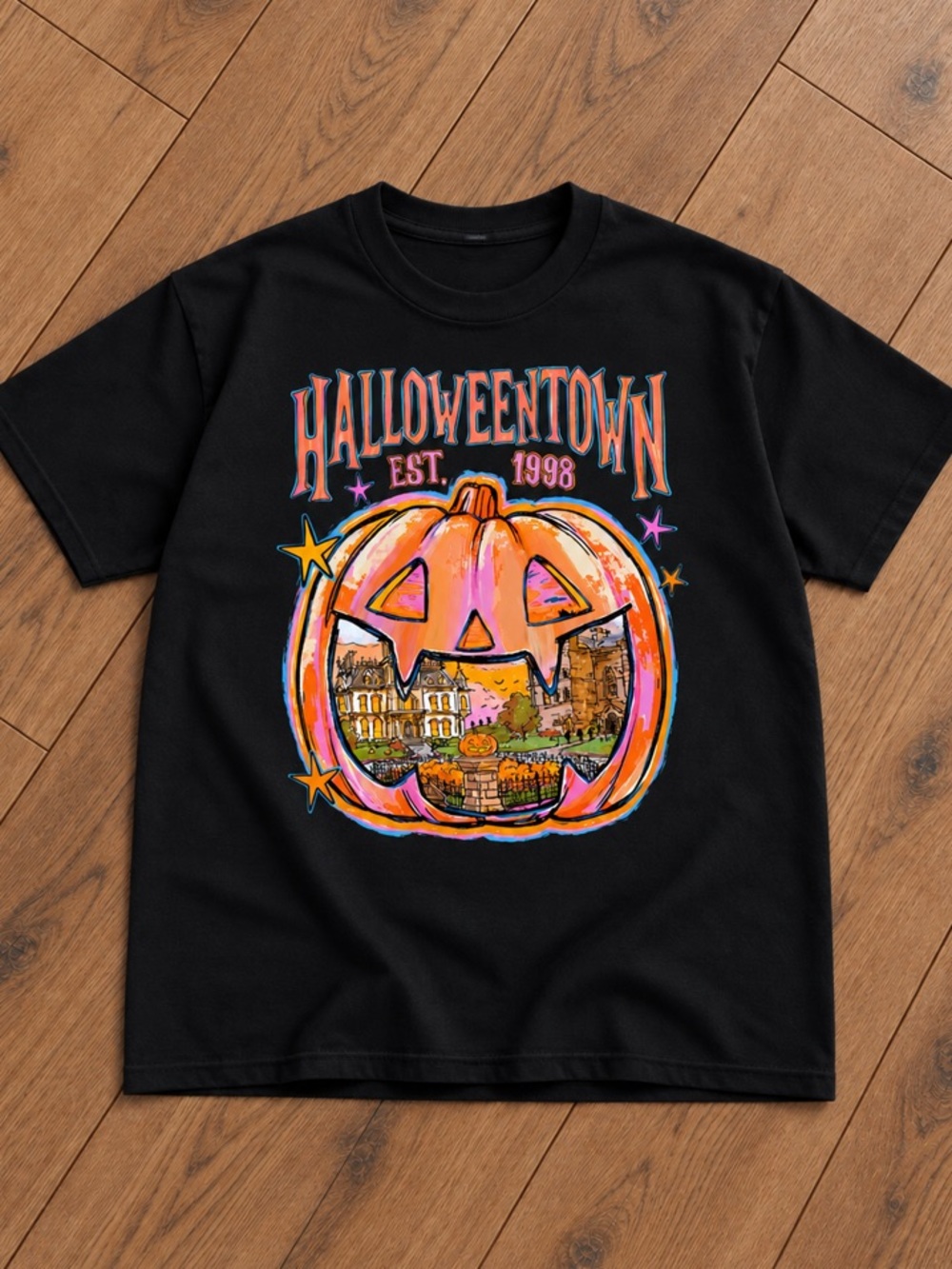Pumpkins Halloween Town Est 1998 Graphic Black T-Shirt
